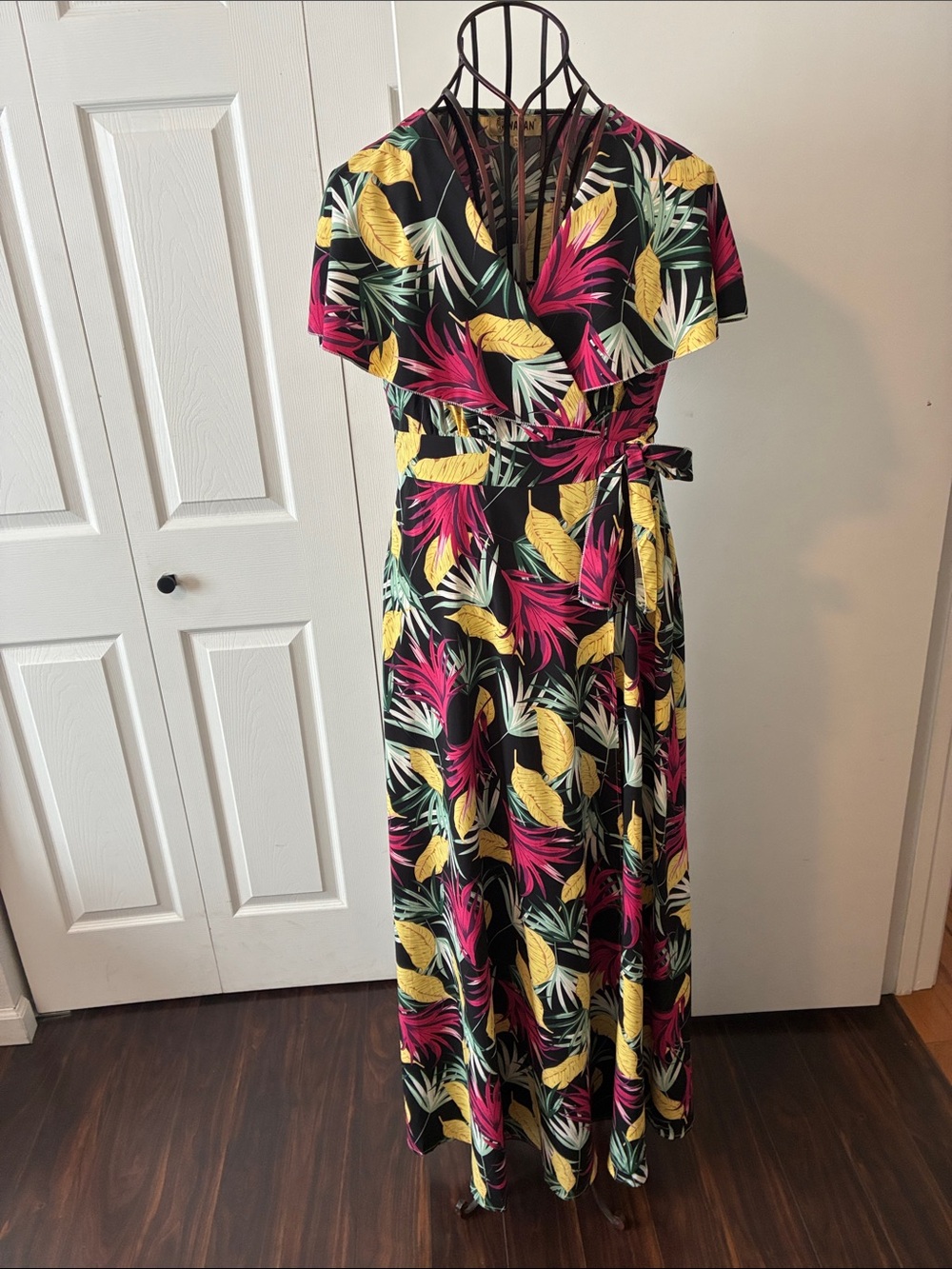 Wayan Black Tropical Floral Wrap Maxi Dress in Pink & Yellow